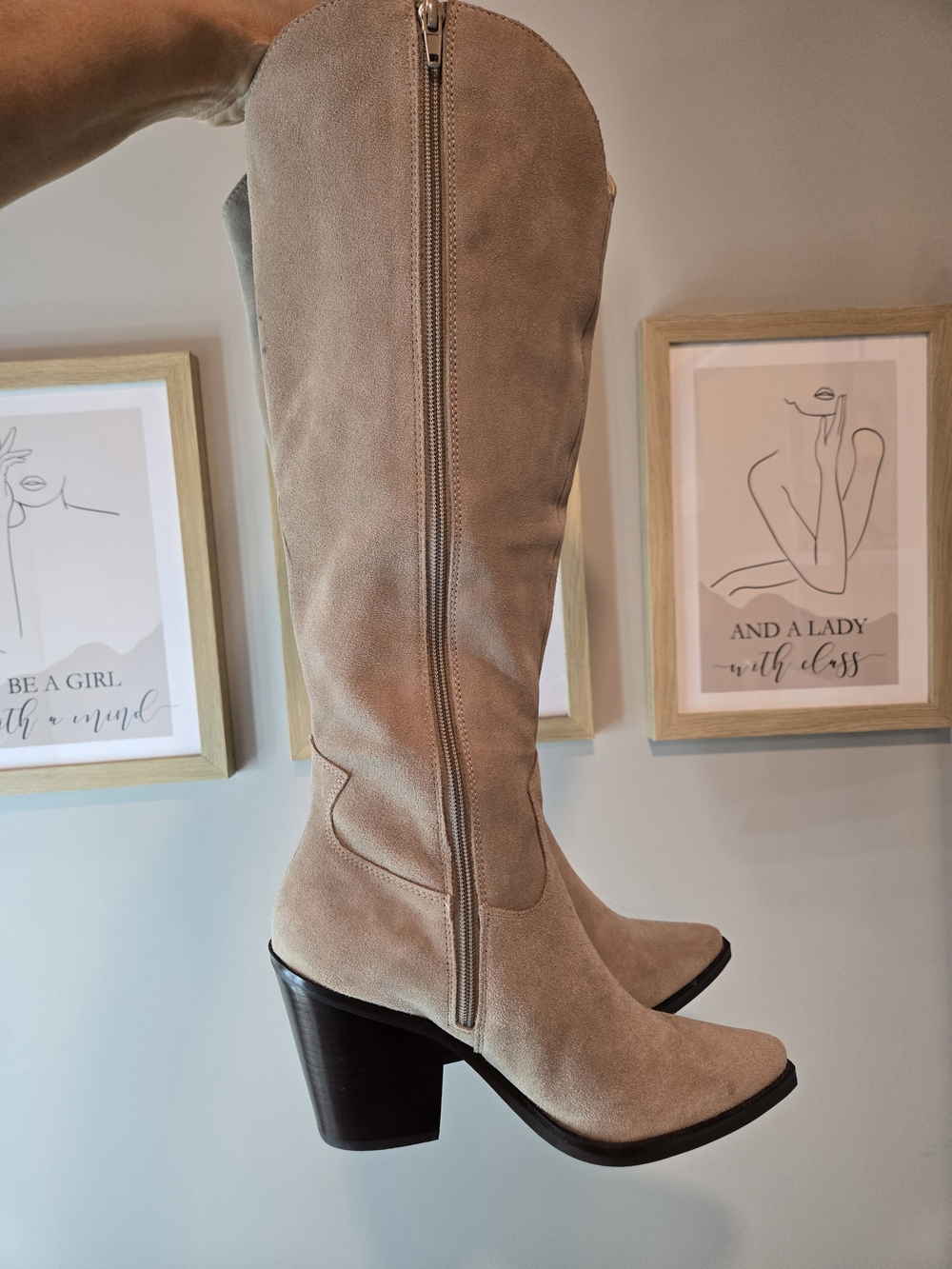 NWT Aldo Suede Knee-High Western Block Heel Boots - Beige *READ - Picture 12 of 16